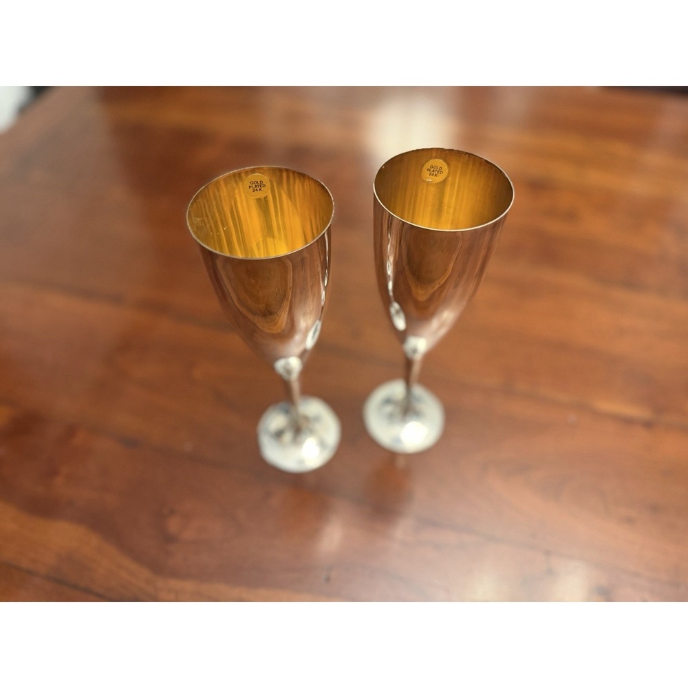 Vintage G.B. Sport Padova Italian Silver‎ Plated Champagne Flutes Vermeil Set 2